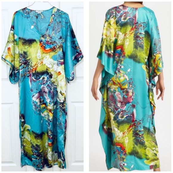Natori Dresses & Skirts - Natori Private Luxuries Blue Awai Charmeuse Kaftan Dress Long Floral Size Small